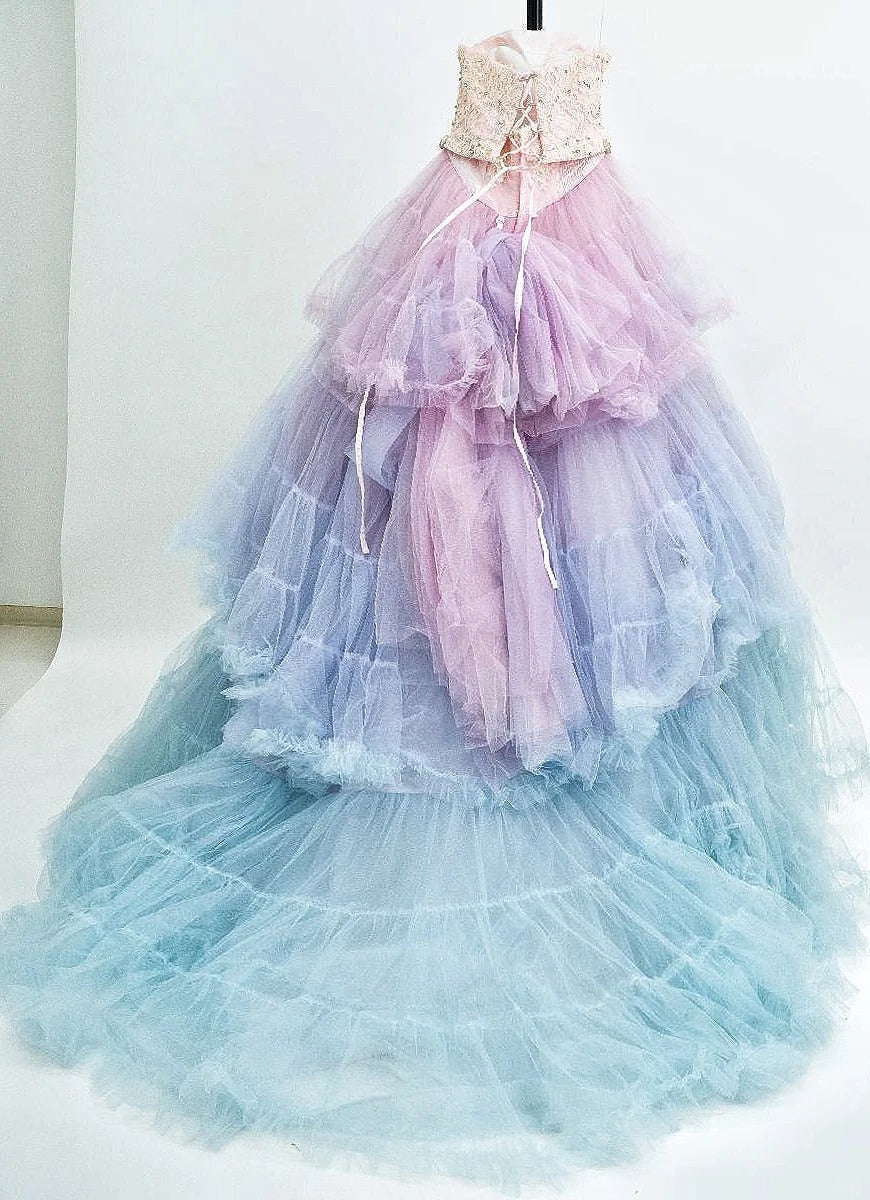 Girlhomeshops-Pink purple blue colorful fashion gradient gorgeous beading shiny elegant long layered tulle ball gown gh5321