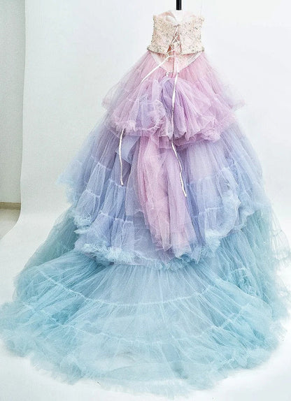 Girlhomeshops-Pink purple blue colorful fashion gradient gorgeous beading shiny elegant long layered tulle ball gown gh5321