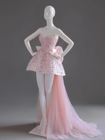 Girlhomeshops-Pink Exquisite Beading Fashion Short Satin Homecoming Dress Birthday Party Dress gh5413
