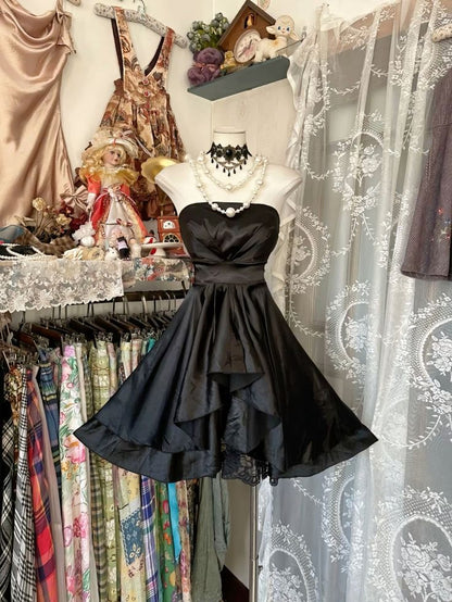 Vintage A Line Black Short Prom Dress Cocktail Dresses Satin Homecoming Dress
