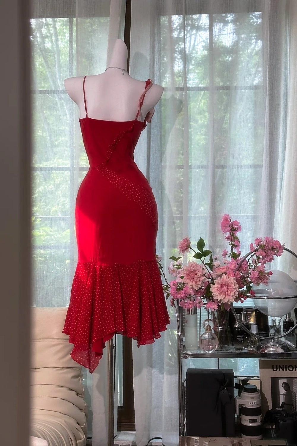 Red Rose Dream - 3D Floral Spaghetti Strap Mermaid Dress, Asymmetric Ruffle Date Night Maxi Dress  gh7090