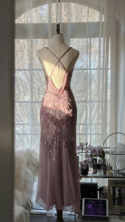 Pink  Romantic Fashion Elegant Exquisite Beaded Spaghetti Strap Long Tulle Chiffon Ruffle Ball Gown Evening Gown Party Dress gh4059