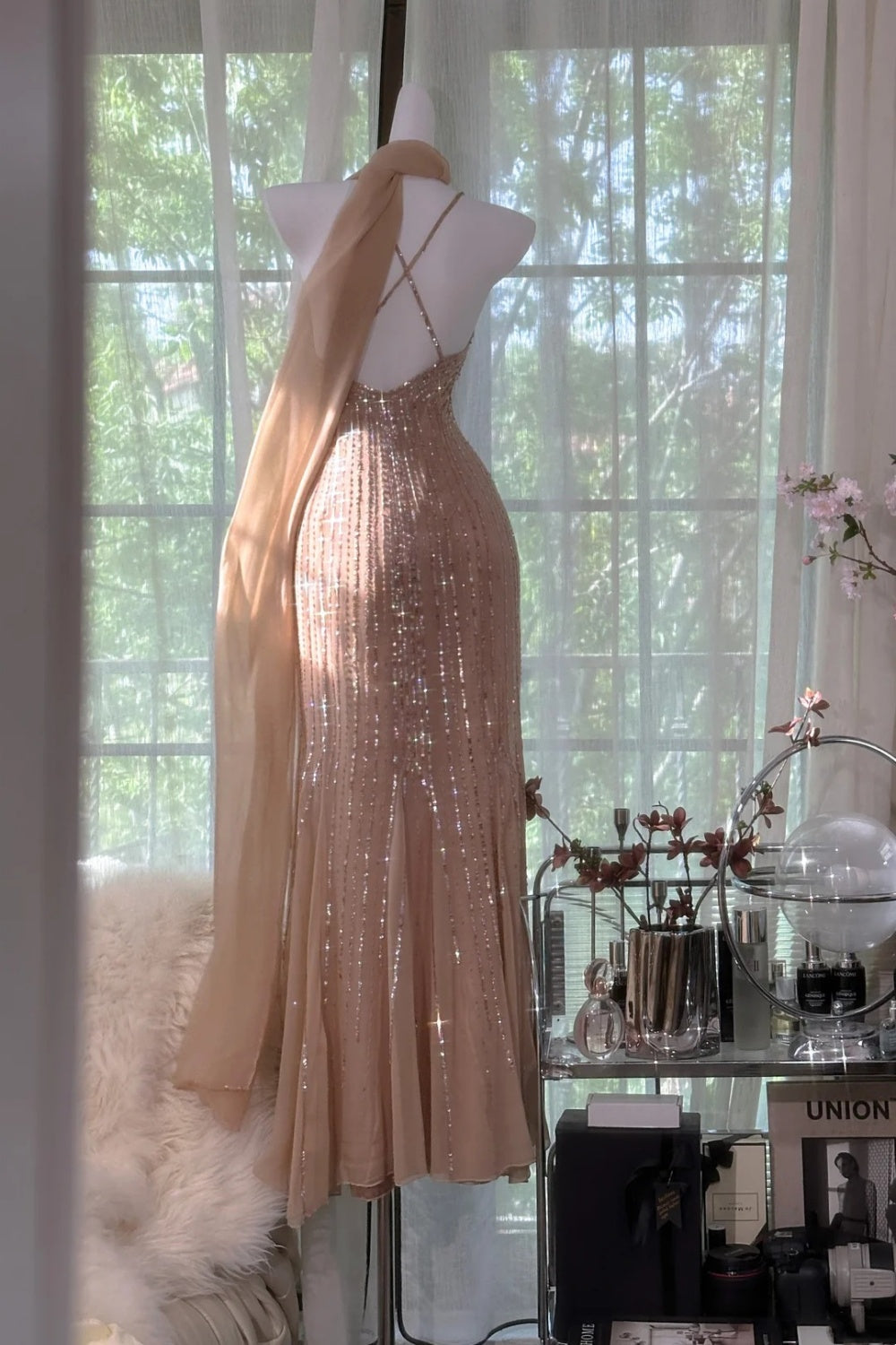 Luxury Sequin Style Cross-Strap Gown | Champagne Gold Tulle Mermaid Maxi Dress for Gala Red Carpet High-End Party Luxury Social Event gh6423