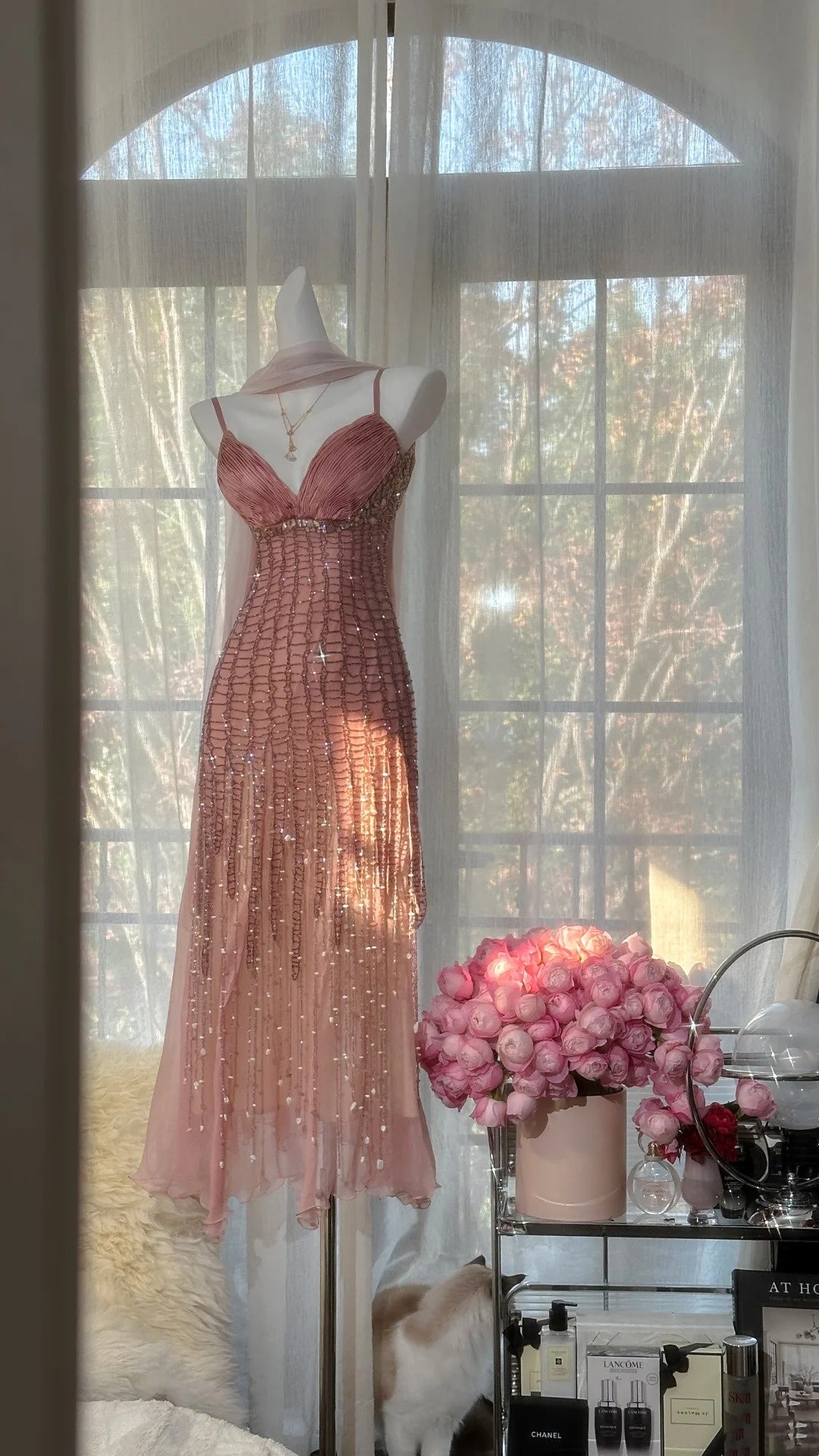 Pink Romantic Fairy Exquisite Bead Decoration Medium/Short Chiffon Date Dress Party Dress gh6912