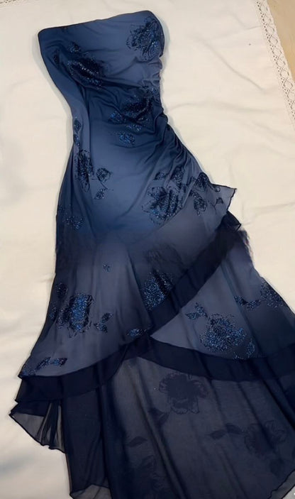(out of stock)Blue shiny fashion exquisite off-shoulder long sequined chiffon ruffled ball gown evening dress party dress gh3390