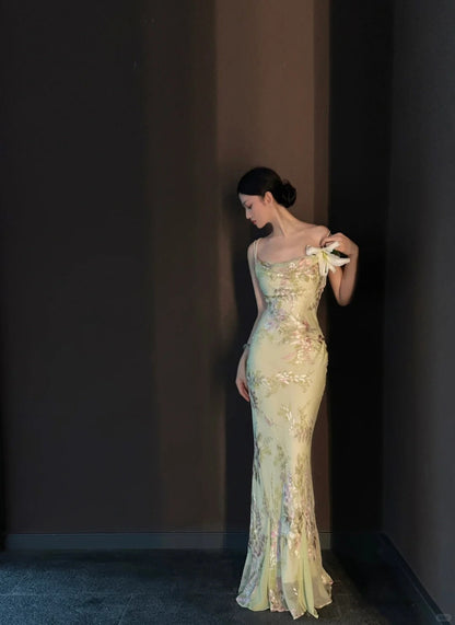 Vintage Light Green Printed Mermaid Strap Chiffon Long Prom Dress Evening Dress cc5275