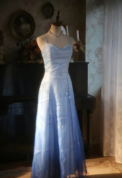 Vintage Gradient Light Blue A-line Spaghetti Strap Beaded Tulle Long Prom Dress Evening Dress cc5384
