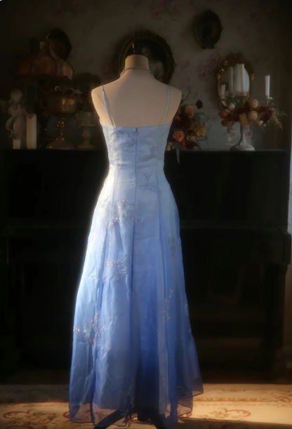 Vintage Gradient Light Blue A-line Spaghetti Strap Beaded Tulle Long Prom Dress Evening Dress cc5384