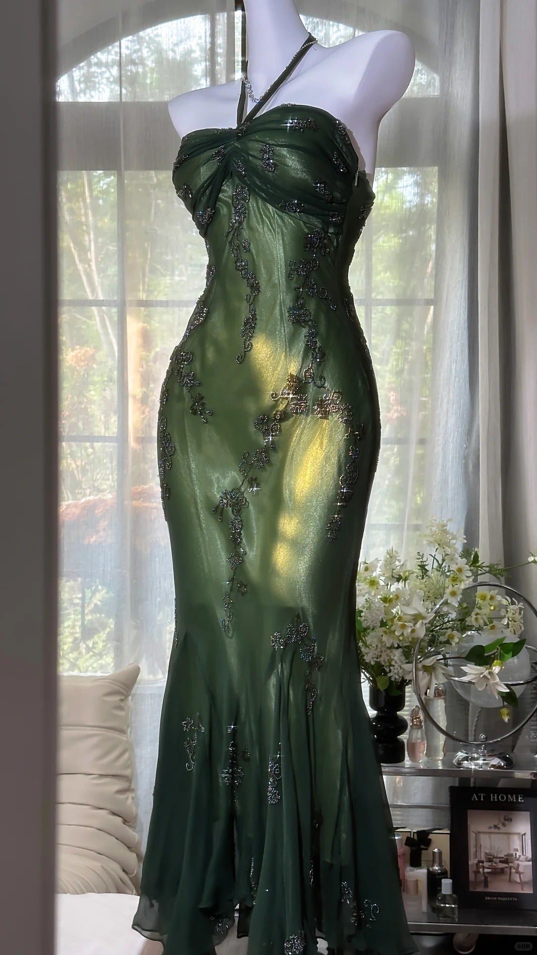 Luxury Dark Green Mermaid Bead Embroidered Chiffon Long Prom Dress Evening Dress cc5276