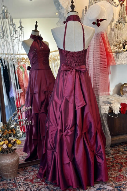 Retro Diva-style Halter Dress: Waist-cinched Ruffled Skirt, Satin Fabric, High-end Party Dress gh6578