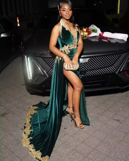 Sexy Halter Velvet Lace Appliques Evening Dress,Green Slit Party Dress Evening Gown cc2614