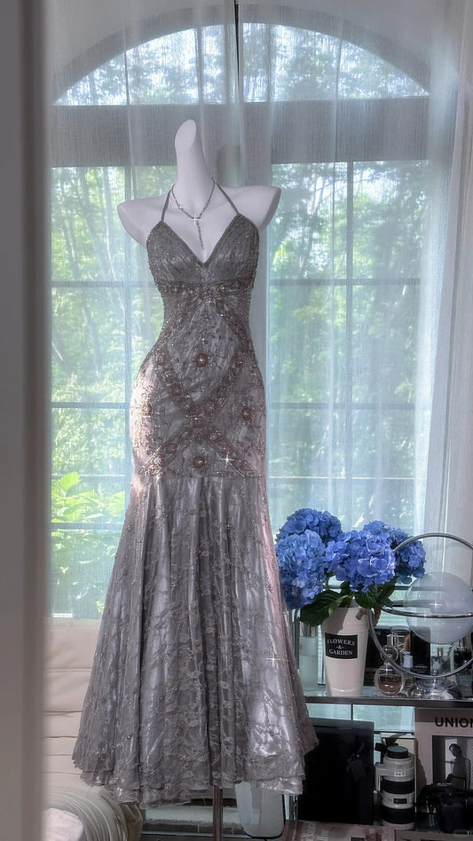 Vintage Silver-grey Mermaid  Backless Beaded Lace Long Prom Dress Evening Dress cc5277