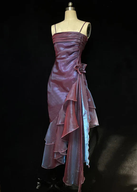 Blue shiny stylish elegant spaghetti straps long satin ball gown evening dress party dress gh3489