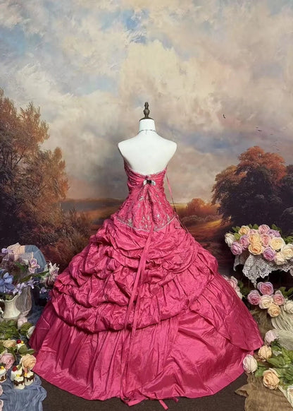 girlhomeshops-Pink Delicate Floral Long Satin Formal Ball Gown gh6288