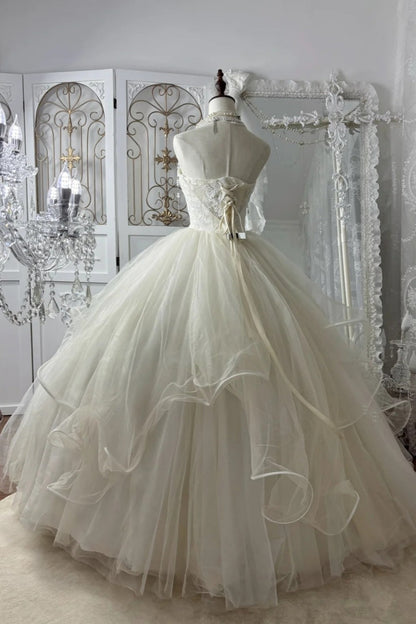 Lace Strapless Bridal Gown Pearl Shoulder Chain & Cloud Flare Hem  gh7063