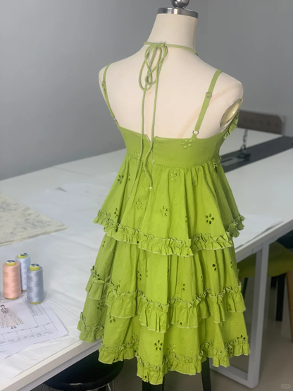 Chic Spaghetti Straps Green V Neck A Line Homecoming Dress Layered Ruffles Short Mini Party Dress cc3355