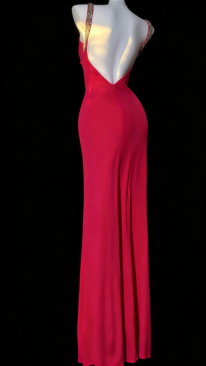 Satin Spaghetti Strap Gown - Sequin Trim Backless Mermaid Evening/Red Carpet/Date Maxi Dress gh6985