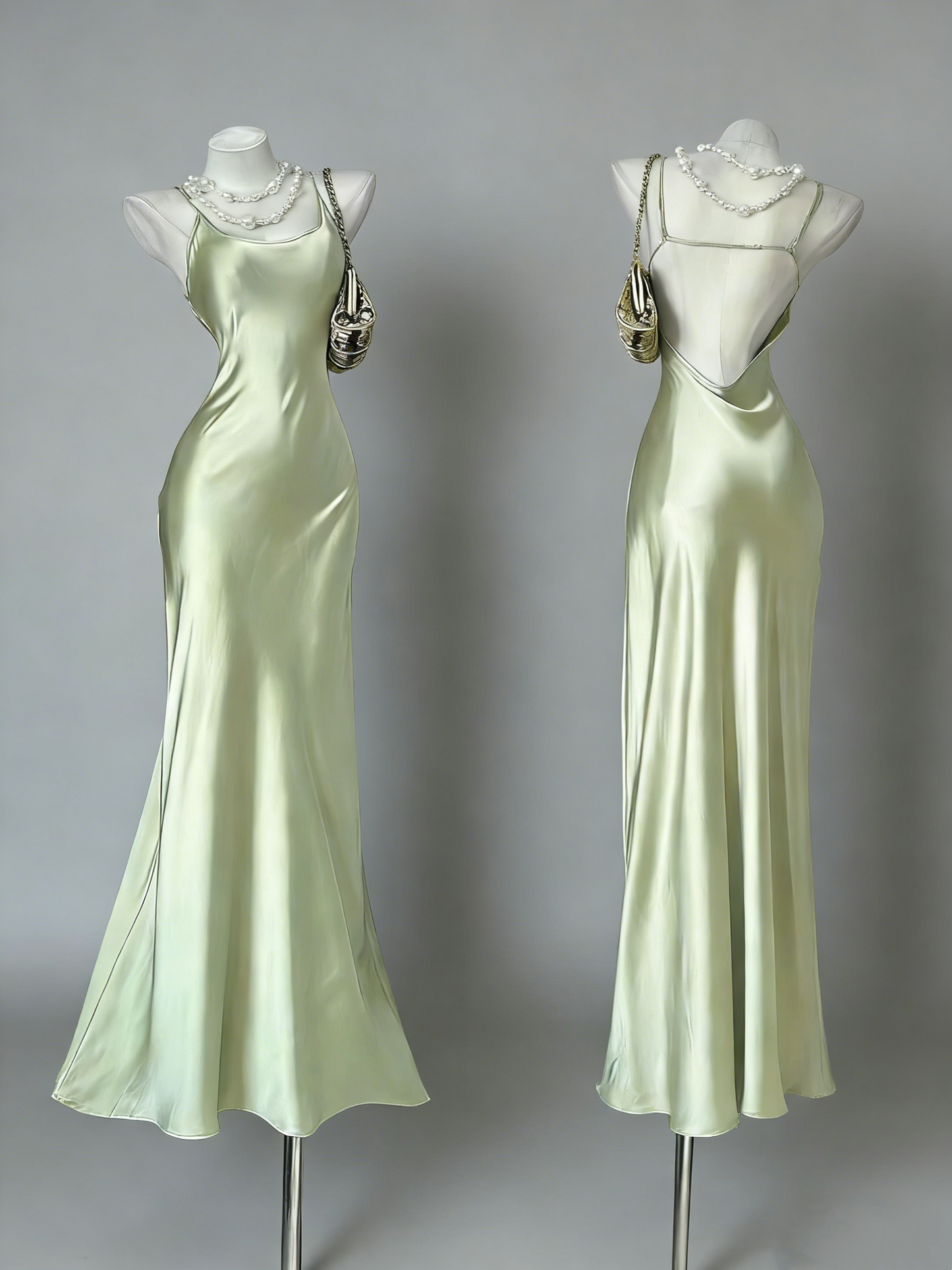 Light Mint Green Spaghetti Strap Gown - Satin Backless Mermaid Date/Light Evening/Vacation Maxi Dress gh6991