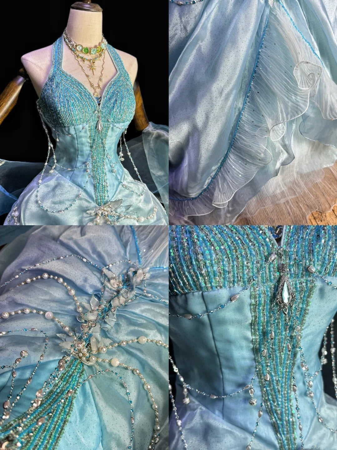 Mermaid Style Sea Blue Halter Pearl Tassel Ballgown - Ocean Theme Wedding & Cosplay Dress gh6557