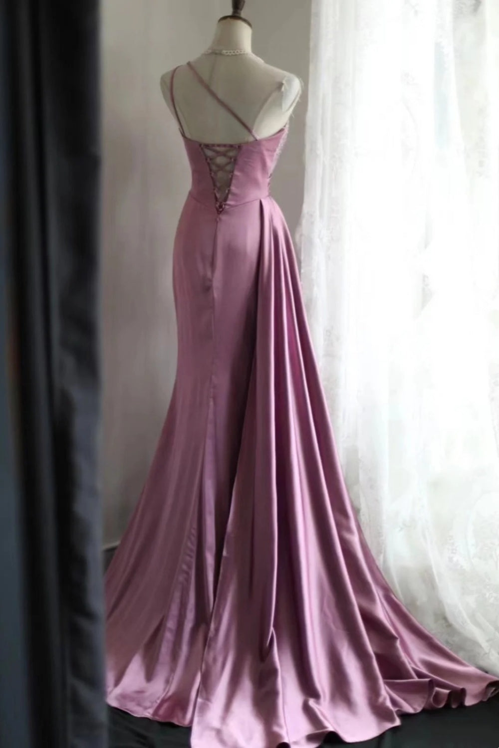 Pink bead elegant long fashion dress satin dress gh6644