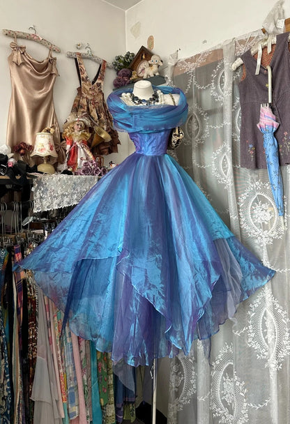 Vintage Court Style Blue-Purple Ombre Off-the-Shoulder Lace Ball Gown, Iridescent Organza Prom Dress  gh7091
