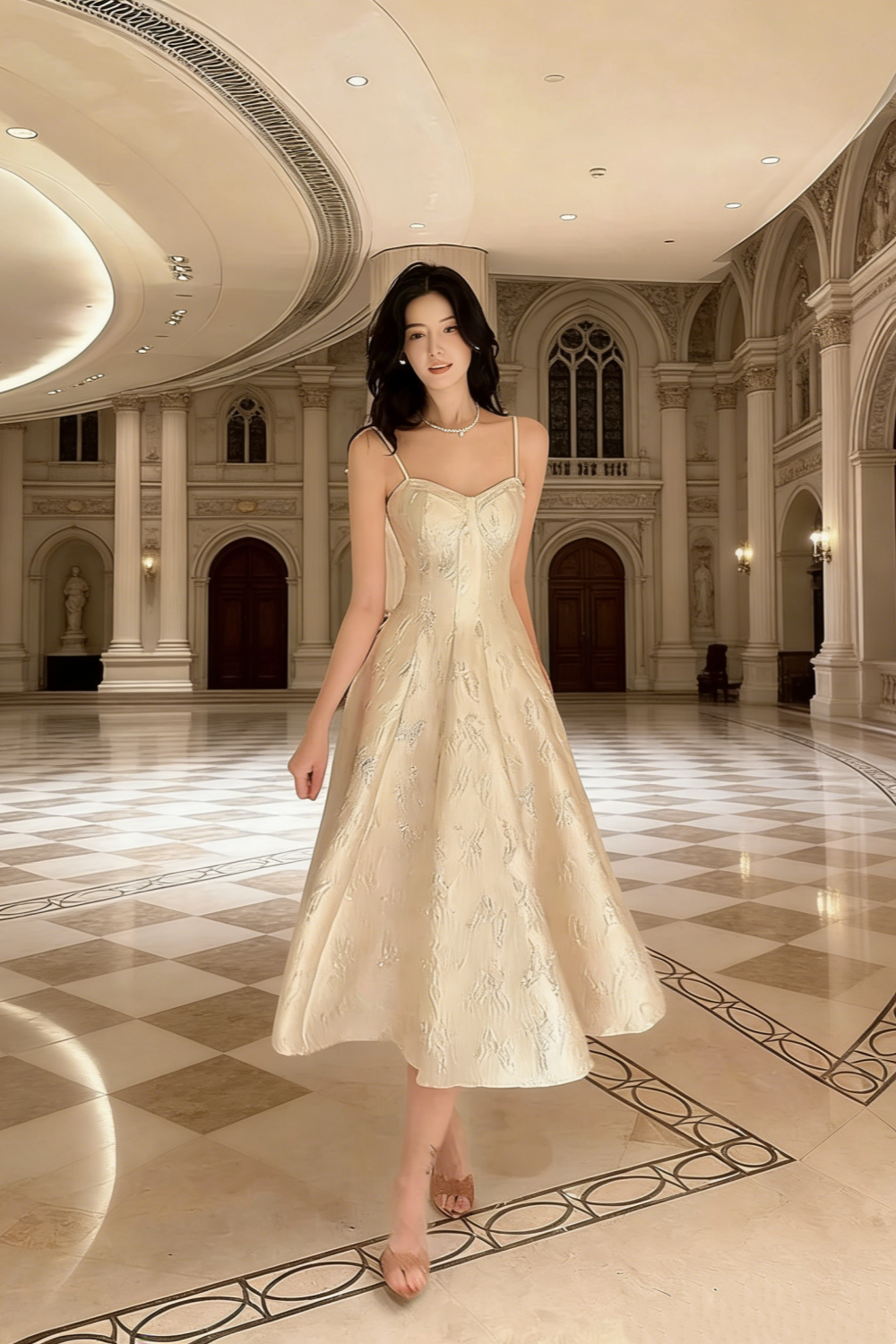 Champagne Jacquard Thin Spaghetti Strap Waist-Cinched Dress - Elegant Gown for Light Evening Events gh6959