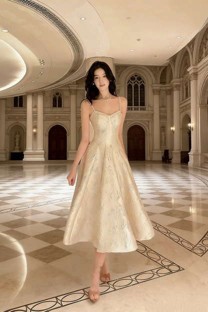 Champagne Jacquard Thin Spaghetti Strap Waist-Cinched Dress - Elegant Gown for Light Evening Events gh6959