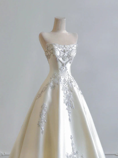 Girlhomeshops--White exquisite beaded long satin prom wedding dress gh5482