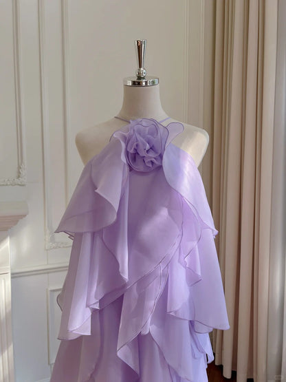 Purple romantic lace long suspender chiffon dress Holiday Dress gh6793