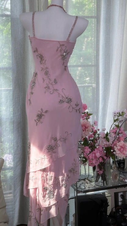 Pink Floral Beading Elegant Long Chiffon Ball Gown Evening Dress Party Dress gh4750
