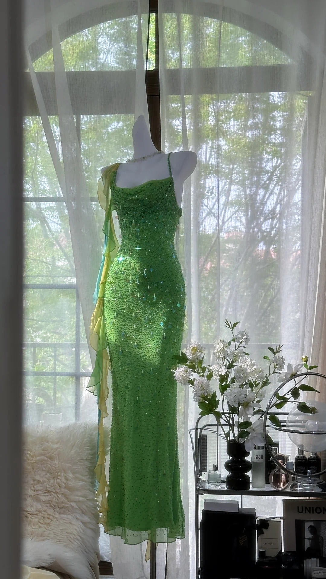 Green Beautiful Charming Fashion Elegant Sparkling Exquisite Sequin Beaded Long Chiffon Ball Gown Evening Gown Birthday Party Gown Prom Gown Graduation Gown gh3946