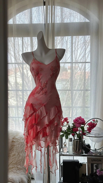 Pink Romantic Elegant Exquisite Floral Beaded Backless Short Chiffon Ruffle Homecoming Dress Ball Gown Evening Dress Birthday Holiday Party Dress Prom Dress gh4011