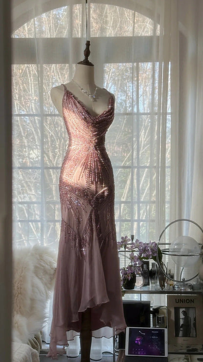 Pink  Romantic Fashion Elegant Exquisite Beaded Spaghetti Strap Long Tulle Chiffon Ruffle Ball Gown Evening Gown Party Dress gh4059