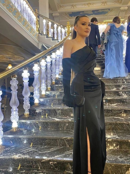 Black Sexy One Shoulder Slit Evening Dress Party Dress With Gloves cc1743