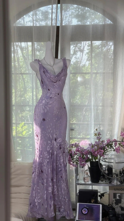 Elegant Purple Mermaid Printed Boat Neck Chiffon Long Prom Dress Evening Dress cc5278
