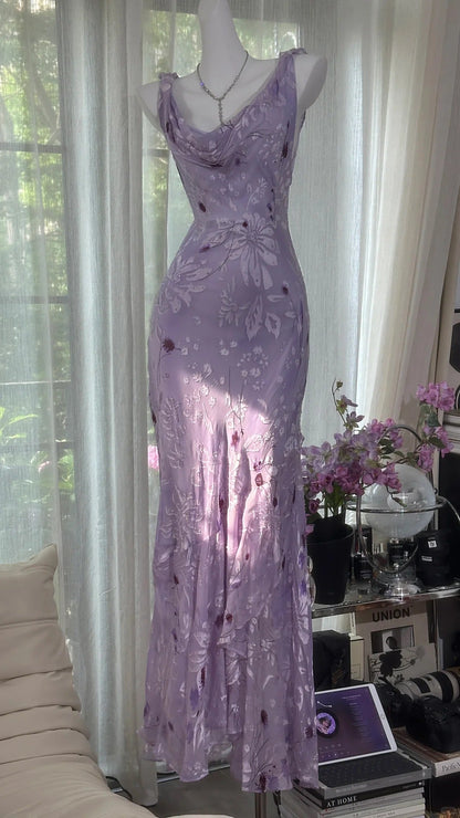 Elegant Purple Mermaid Printed Boat Neck Chiffon Long Prom Dress Evening Dress cc5278