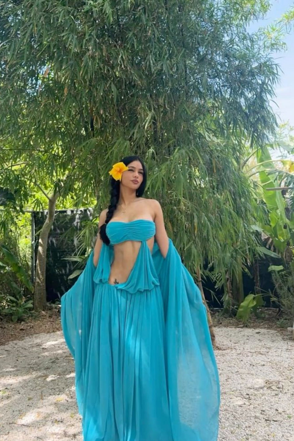 Glam Turquoise Cutout Maxi Dress | Strapless Wide-Sleeve Flowy Dress, Vacation Dress gh6456