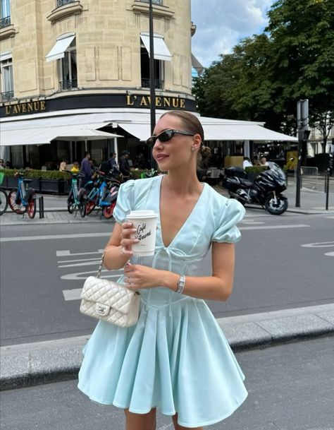 Girlhomeshops-Light blue fashionable V-neck A-line puff sleeve short satin homecoming dress birthday dress gh5289