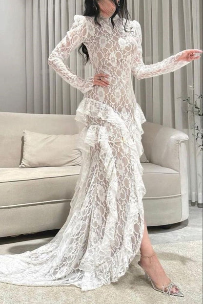 Fairy White Lace Train Maxi Dress | High Neck Puff Sleeve Ruffle Dress, Gala Friends Gathering Fashion Outfit gh6453