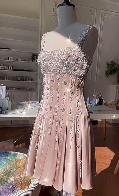 Girlhomeshops-Pink Gorgeous Exquisite Beaded Short Satin Homecoming Dress Birthday Dress gh5306