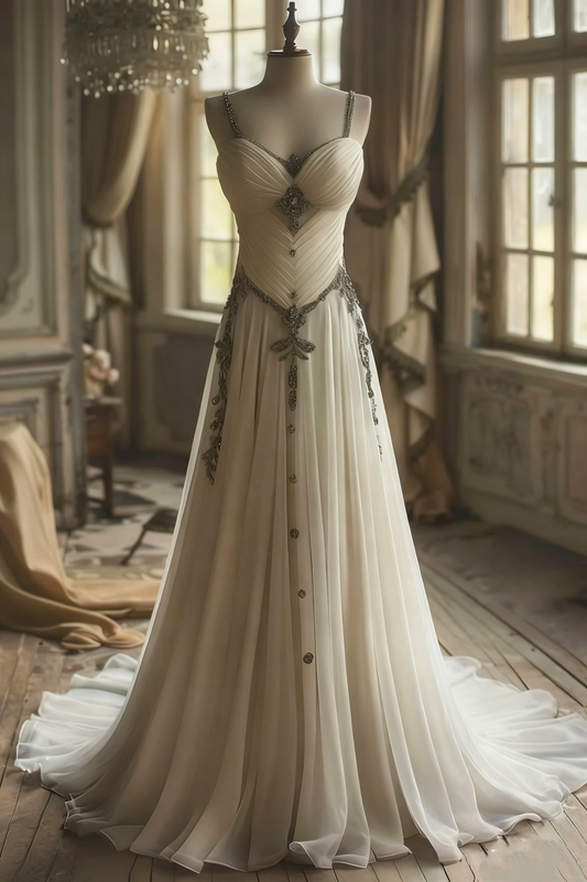 Wedding Dress Off-White Spaghetti-Strap Rhinestone-Embellished Train Gown gh6402