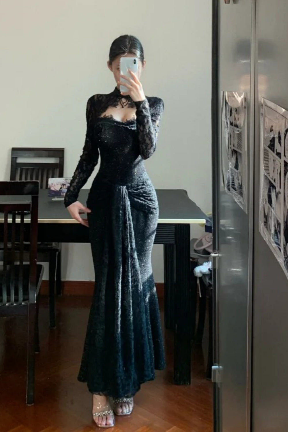 Black long sleeved exquisite lace long elegant Prom dress graduation formal dress gh6629