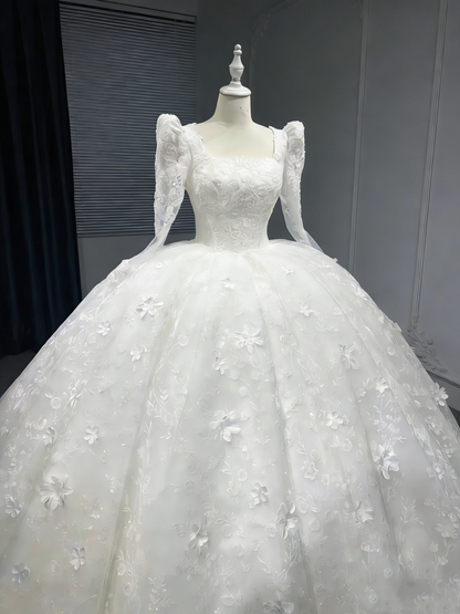 White Royal Style Puff Sleeve Ball Gown - Heavy Lace Embroidery Church Wedding Dress gh6968