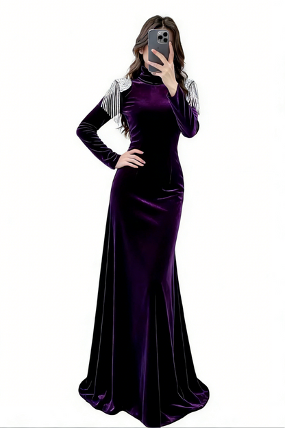 Velvet Crystal Fringe Slim Maxi Dress - High Neck Long Sleeve Party Statement Gown gh6972