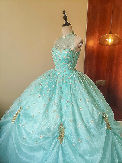 Girlhomeshops-Mint Green Glitter Beaded Floral Long Tulle Floor-Length Ball Gown gh5300