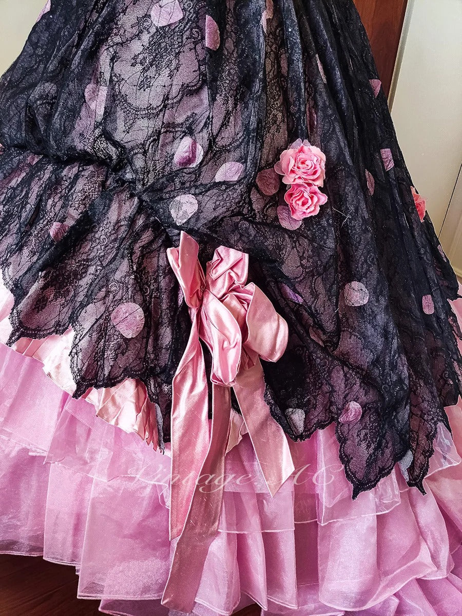 Girlhomeshops-Pink Floral Lace Tulle Floor-Length Ball Gown gh5302