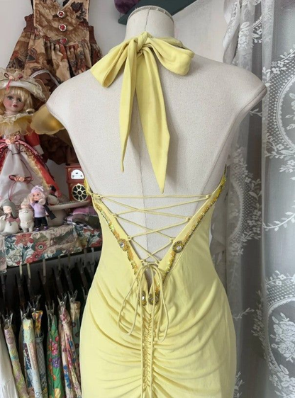 Elegant Yellow Halter Satin Beaded Sequins Evening Dress,Long Mermaid Party Prom Dress cc2999