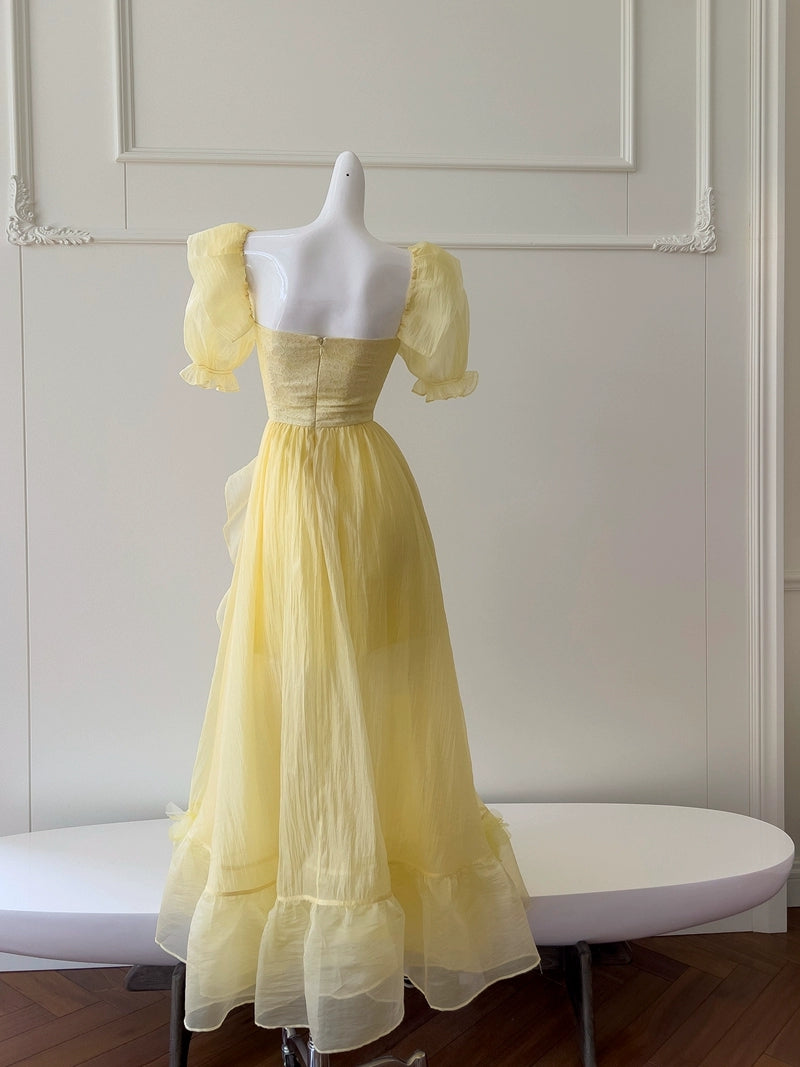 Classy A Line Yellow Long Prom Dress Ruffle Short Sleeves Graduation Outfit