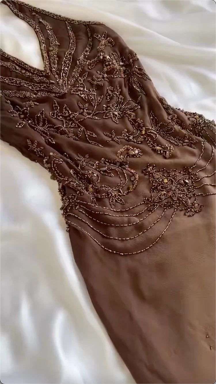 Mint Chocolate Prom Dress Brown Blue Gradient Gorgeous Lightweight Exquisite Beading Spaghetti Strap Long Chiffon  Evening Gown Party Dress gh3338