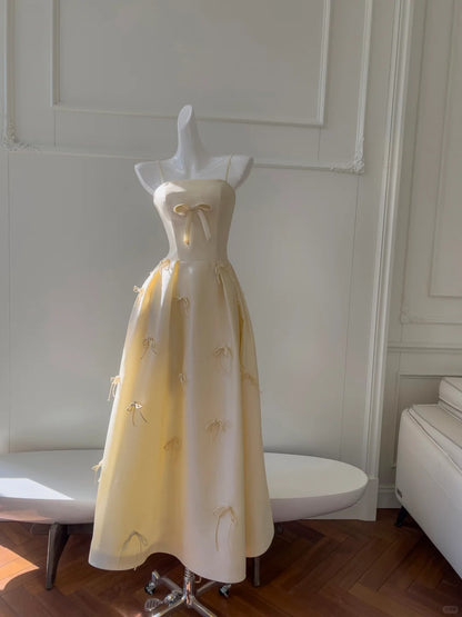 Sweet Light Yellow A-line Spaghetti Strap Bow Satin Long Prom Dress Evening Dress Bridesmaid Dress cc5279